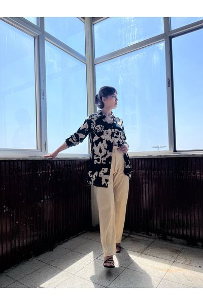 soBasic Guler cămașă cu model Pantaloni Set cămașă dublă Kimona - Negru
