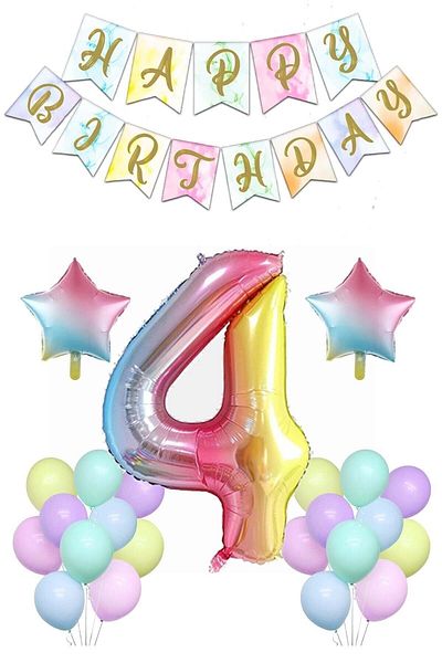 okyanus parti Rainbow Concept 4 Year Old Birthday Party Celebration Set; Number and Star Foil, Banner and Macaron Honey