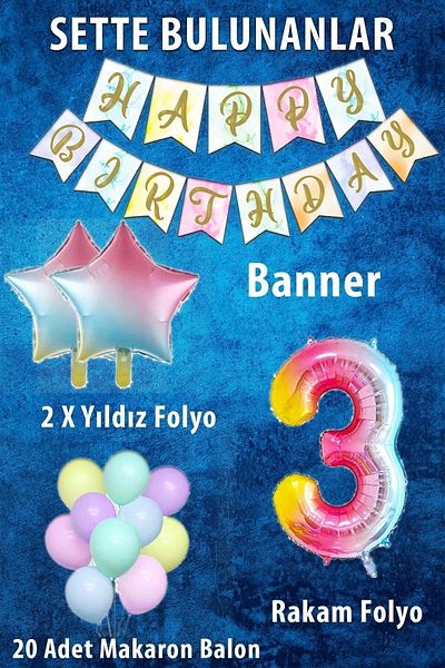 okyanus parti Σετ γιορτής γενεθλίων Rainbow Concept Age 3; Αλουμινόχαρτο με αριθμούς και αστέρια, πανό και μακαρόν μέλι