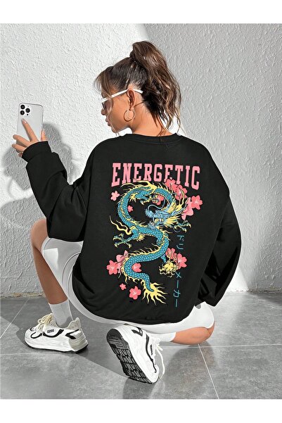Adrift Unisex crna energična majica Štampano Oversize kroj okrugla kragna Pamuk