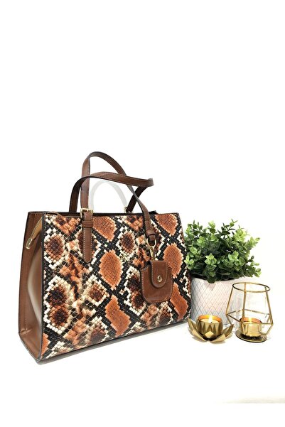 womenacs Tan Color Anaconda Patterned New Season Women's Bag with Plenty of Compartments, Can Be Used in Hands and with Shoulder Strap