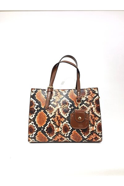 womenacs Tan Color Anaconda Patterned New Season Women's Bag with Plenty of Compartments, Can Be Used in Hands and with Shoulder Strap