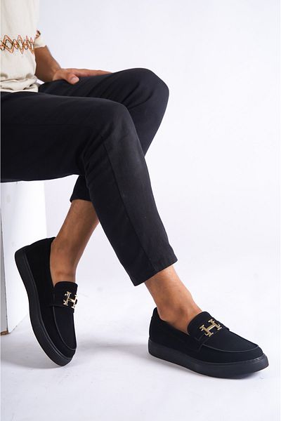Moda Değirmeni Μαύρα σουέτ ανδρικά παπούτσια casual με αγκράφα BG1137-110-0001