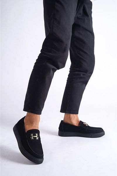 Moda Değirmeni Μαύρα σουέτ ανδρικά παπούτσια casual με αγκράφα BG1137-110-0001