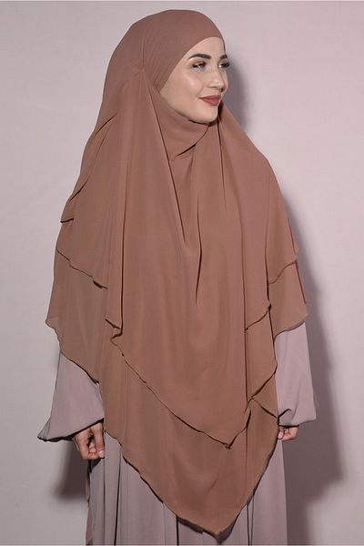 Nowa Scarf Souffle Khimar Hijab with Veil Three Layers Chiffon Shawl Tan