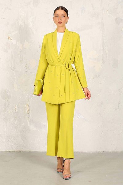 Melike Tatar OIL GREEN Jewelled Jacket Set 32-6202