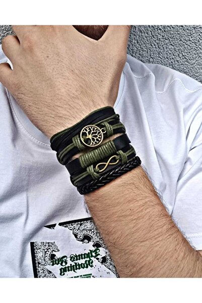 BSN Takı Tree of Life Infinity Figured Green String Black Leather 5 Pieces Genuine Leather Bracelet