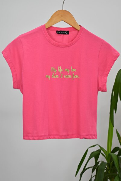 PONÇİK Γυναικείο Crop T-Shirt My Life My Love 23098 Ροζ