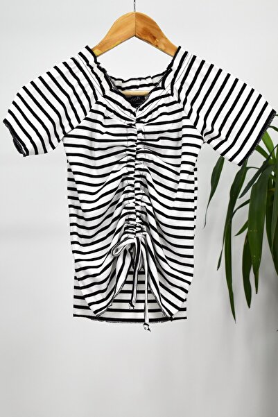 PONÇİK Tricou cu dungi crop pentru damă 22048 negru