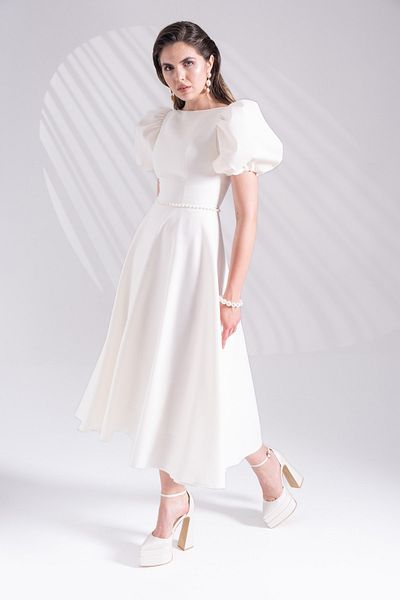 isolamia Flared Midi Length White Dress with Balloon Sleeves