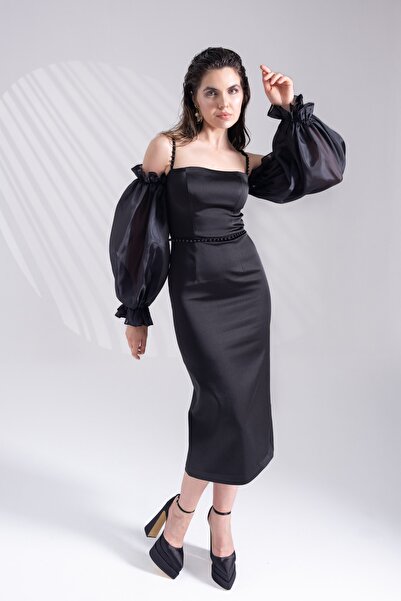 isolamia Balon Kollu Inci Askılı Kalem Midi Boy Siyah Elbise