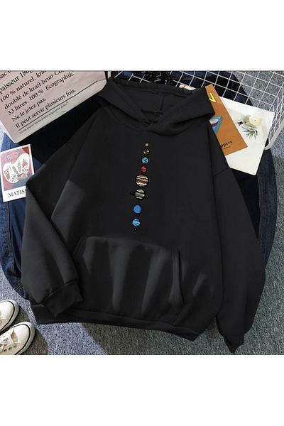 BYMEER Unisex Black Saturn Printed Oversize Sweatshirt