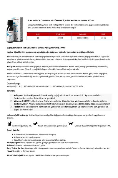 Supravet Calcium Kedi Ve Köpek İçin Sıvı Kalsiyum Damla 100ml