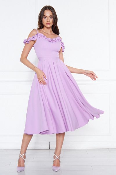 NO48 Lilac Hanging Neck Ruffle Detail Off-Shoulder Woven Draped Fabric Midi Length Graduation And Evening Dress
