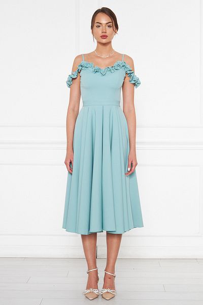 NO48 Mint Green Hanging Neck Ruffle Detail Off-Shoulder Draped Fabric Midi Length Graduation and Evening Dress