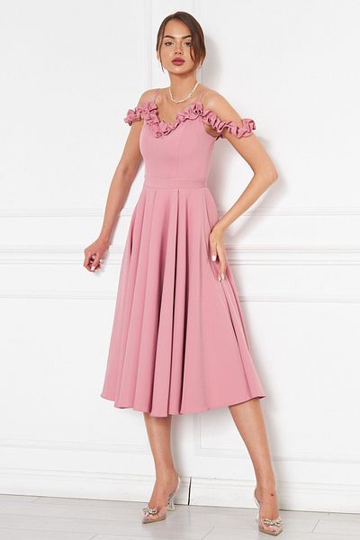 NO48 Dried Rose Hanging Neck Ruffle Detail Off-Shoulder Draped Fabric Midi Length Graduation and Evening Dress