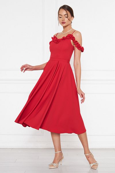 NO48 Red Hanging Neck Ruffle Detail Off-Shoulder Woven Draped Fabric Midi Length Graduation And Evening Dress