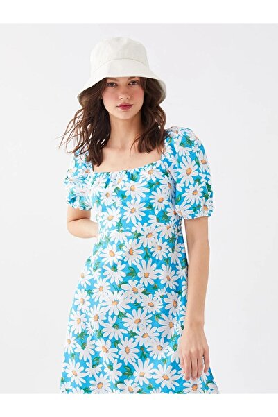 LC Waikiki Dámské popelínové šaty s čtvercovým límcem Xsıde s květinovým balónovým rukávem