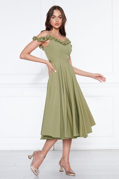 NO48 Oil Green Hanging Neck Ruffle Detail Off-Shoulder Draped Fabric Midi Length Graduation and Evening Dress
