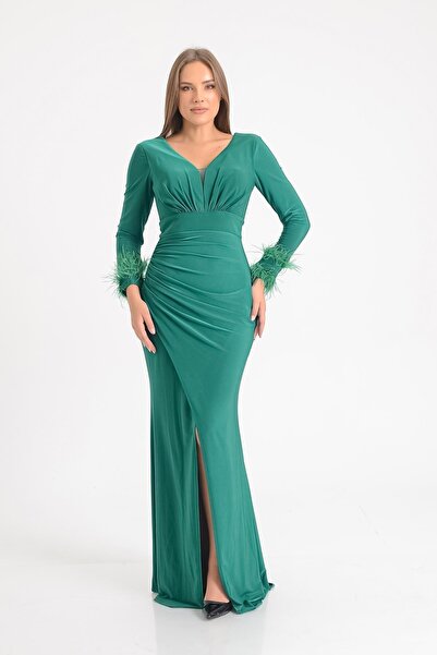 SpringStore Zümrüt Kolları Otrişli Abiye Elbise