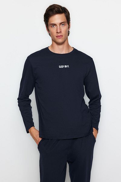 Trendyol Collection Sötétkék Regular Fit nyomott kötött pizsama szett TMNAW24PT00005