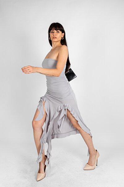 Bak Moda Βολάν Στράπλες Midi Μήκος Γκρι Φόρεμα