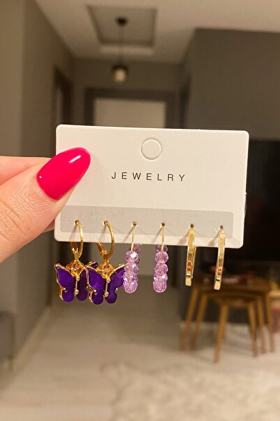 C&E Design Kadın 6'lı Lila Kelebek Küpe Seti