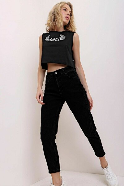 DRC trend Enercii Visok struk crne Mom farmerke s Power Sa likrom Elastično f...