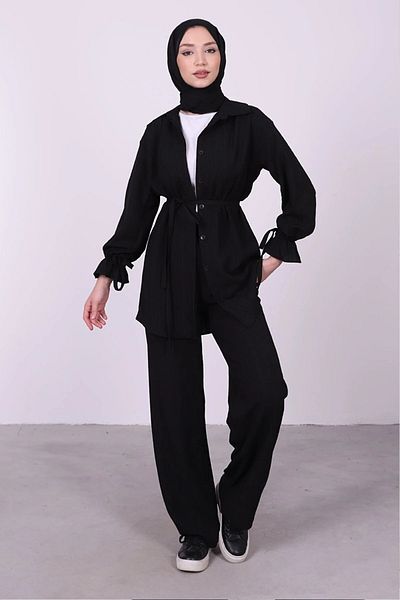 manolyabutik Wrinkled Patterned Hijab Set with Lace-up Cuffs