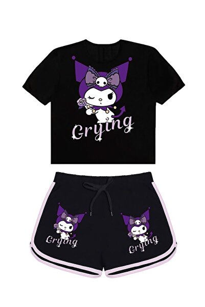 MECH BUTİK طقم شورت تيشيرت أسود مطبوع من Kuromi Grying من أعلى وأسفل مجموعة K...