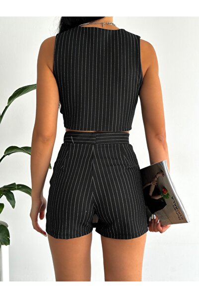 alenmoda Fustă scurtă de damă cu dungi cu o singură fentă