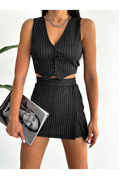 alenmoda Fustă scurtă de damă cu dungi cu o singură fentă