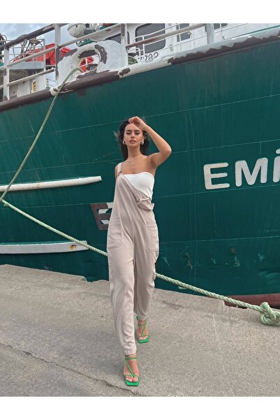 mavi pencere Keten, Çift Cepli, Oversize, Vizon Rengi Salopet, Tulum
