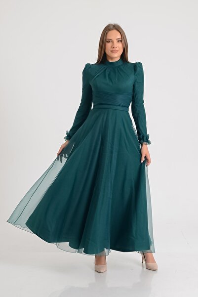 SpringStore Zümrüt Organize Tül Tesettür Abiye Elbise