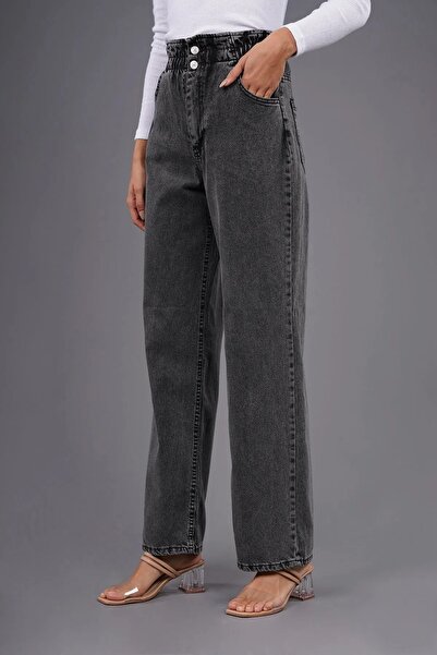 MAKRAS EXCLUSIVE Le Lis Belt Gathered Lycra High Waist Loose Denim Trousers Wide Leg Jean