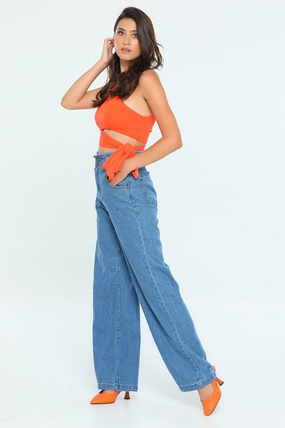 MAKRAS EXCLUSIVE Le Lis Curea strânsă Lycra cu talie înaltă Pantaloni largi din denim Jean cu picioare largi