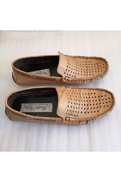 Butik Tülin Unisex genuine leather croco print mustard perforated hand-stitched lightweight soft rubber snap sole loafer