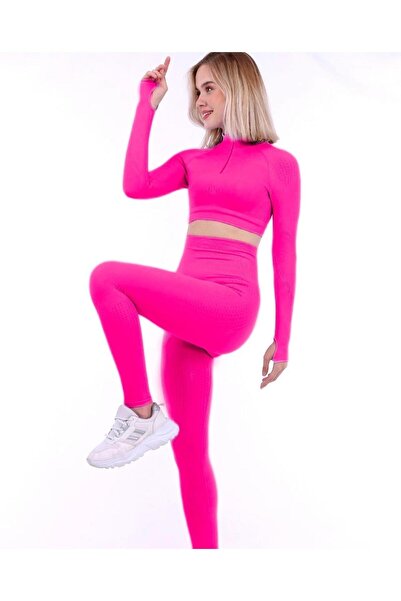 AS AFŞAR SELCAN بلوزة نسائية قصيرة بتفاصيل سباق بسحاب باللون الفوشيا النيون