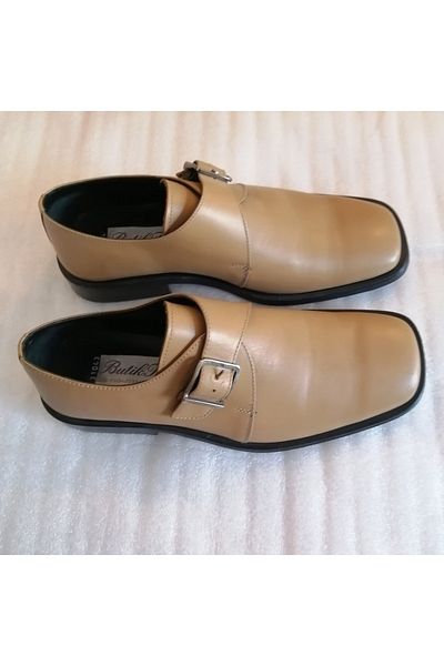 Butik Tülin Men's genuine leather beige side belt buckle hard neolite sole heavy wood heel loafer shoes