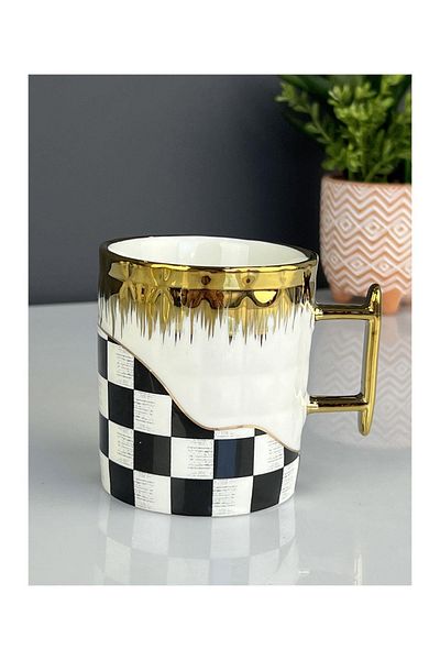 Doğudeko Luxury Checkerboard Pattern Porcelain Retro Mug