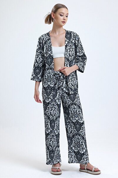 MD trend Women's Black Floral Patterned Wide Leg Trousers Kimono Set