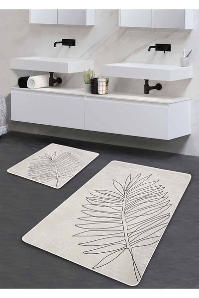 Pilloveland Covoraș de baie lavabil cu bază anti-alunecare din 2 piese - Minimal Leaf 60*100 cm - 50*60 cm