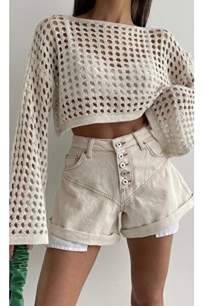 La Lune Boutique KREM RENK AJURLU İSPANYOL KOL DELİKLİ TRİKO CROP BÜSTİYER