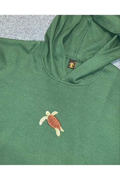 Double Tank Deniz Kaplumbağası Nakışlı Kapüşonlu Sweatshirt