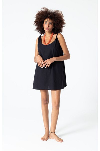 RUBYSTARS Black Twist Thin Strap Linen Look 100% Cotton Loose Tunic