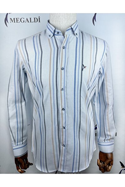 MEGALDİ Erkek Slim Fit Mavi Çizgili Uzun Kollu Gömlek