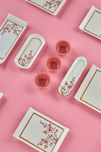 Erbaşlar 21 Piece Square Sakura Flower Pattern Breakfast Set for 8 People