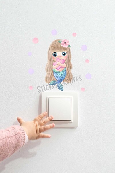 Sticker Ekspres Yıldız Tutan Deniz Kızı Ve Baloncuklar Dekoratif Priz Sticker