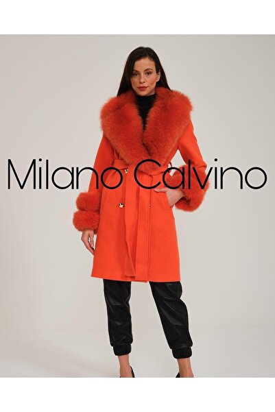 Milano Calvino Kürklü Kaşmir Palto Orange CASH-DOBLE