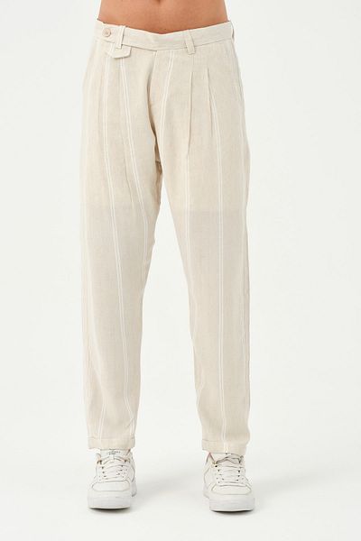 RELAXL Men's Beige Pleated Regular Fit Double Leg Linen Trousers